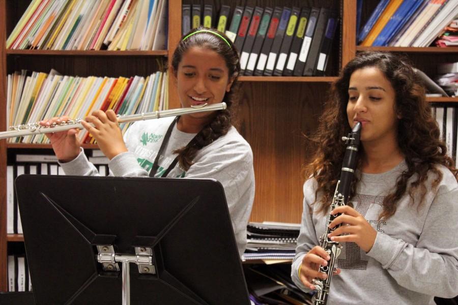 Junior+Hala+and+freshman+Heather+Barodi+practice+their+instruments+together.+