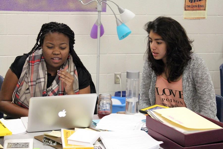 State qualifier, Farah Abubaker, works on her speech with Theatre Teacher and Speech Coach Victoria Williams. 