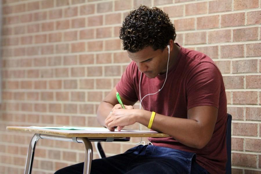 Junior Jaylin Loftis, prepares for his  EOC by taking a history practice test. 