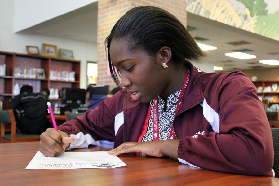 Utilizing her time, Myrna Ebeh begins to fill out her Barnes and noble essay form. Instead of teachers giving students a recognition, students cans give teachers one, in a way of thanking them, Ebeh said. 